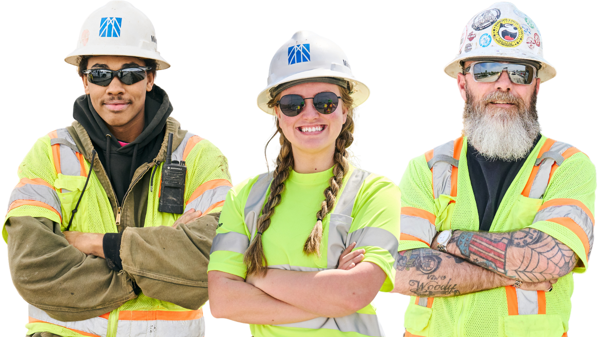 Diverse construction workers posed together