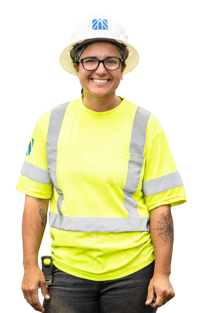Female construction worker in hi visability gear